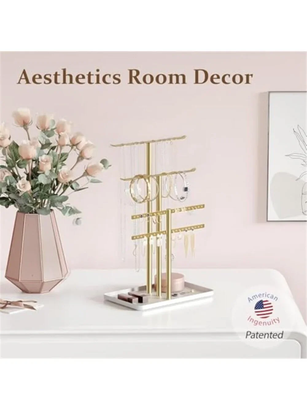 Jewelry Organizer Stand Necklace Bracelet Earring Holder Display Tray Gold 4 Bar